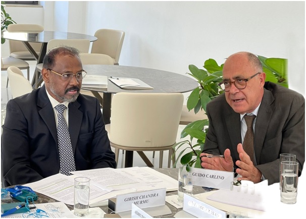 Shri Girish Chandra Murmu, Comptroller and Auditor General of India with Mr. Guido Carlino, President, Court of Audit, Italy during bilateral interaction at Rome on 9th June, 2022