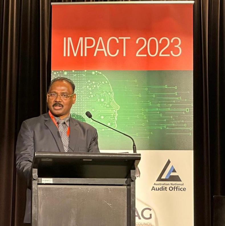 Shri Girish Chandra Murmu, CAG of India delivering his keynote address during the IMPACT 2023, the International Meeting of Performance Audit Critical Thinkers, from 19–20 April 2023, in Canberra, Australia. 